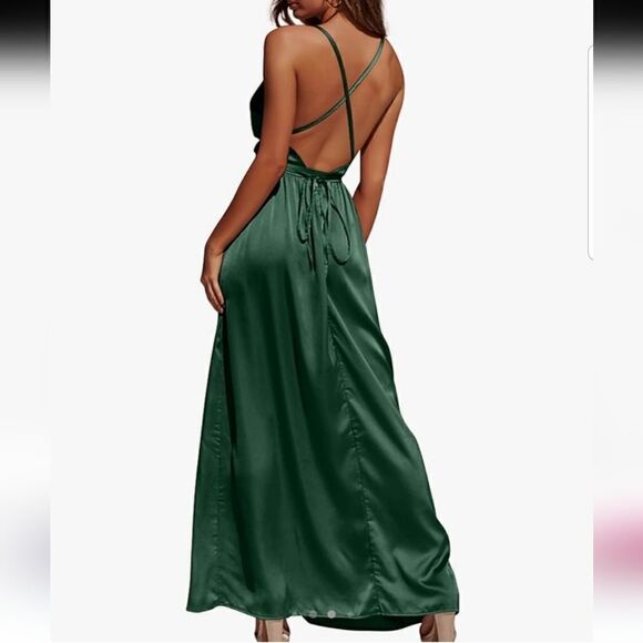 Satin Formal Dress Sexy V Neck Backless Maxi Cocktail Party Wedding SZ Medium - Picture 5 of 11